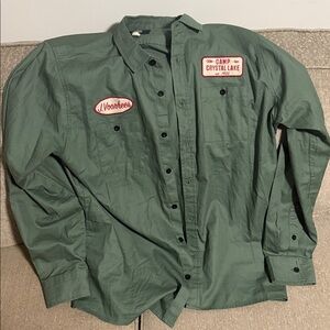 Friday The 13th Mens XL Button Shirt Jason Voorhees Camp Crytsal Lake Green